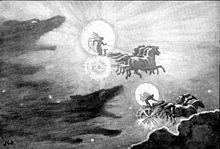 norse wolves chasing the sun and moon, Skol and Hati