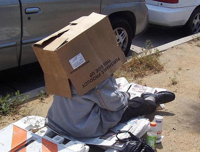 tramp, homeless man in a box